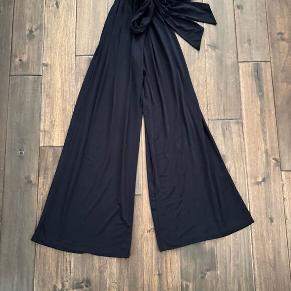 Navy Off the Shoulder Jersey Wide Leg Pants Belted Jumpsuit S/M - Picture 2 of 3